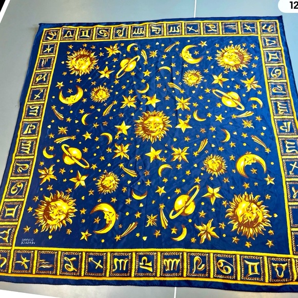 Vintage Gianni Versace Blue and Gold Zodiac Scarf 34x34 - Picture 1 of 10